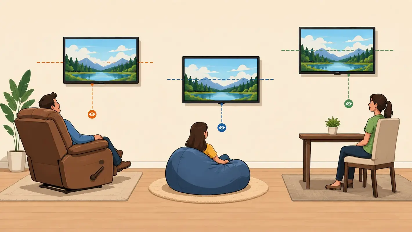 Illustration showing three different seating arrangements and their ideal, eye-level TV mounting heights for comfortable viewing.
