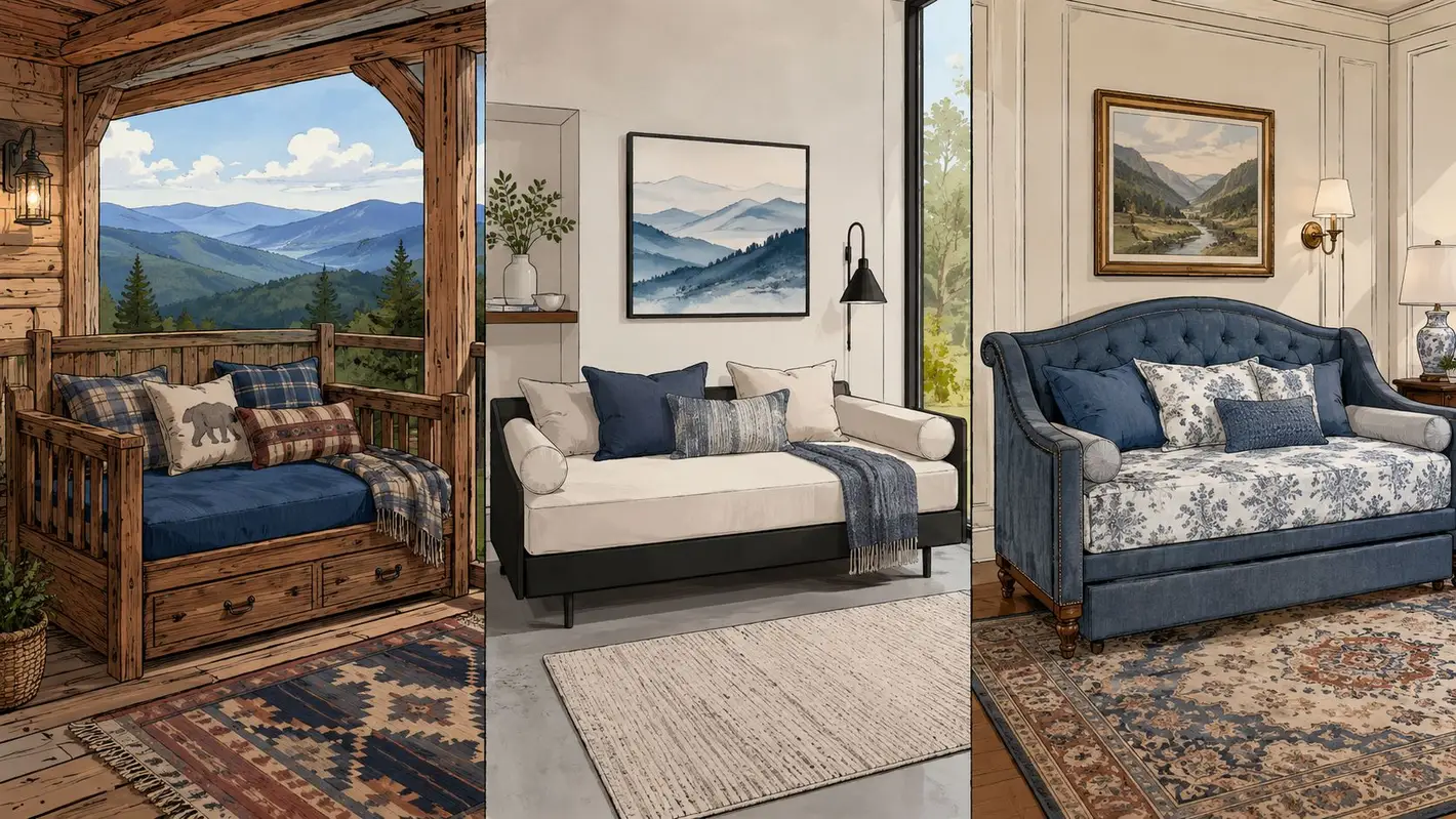 A split image showing three different styles of daybeds in varied interior design settings.