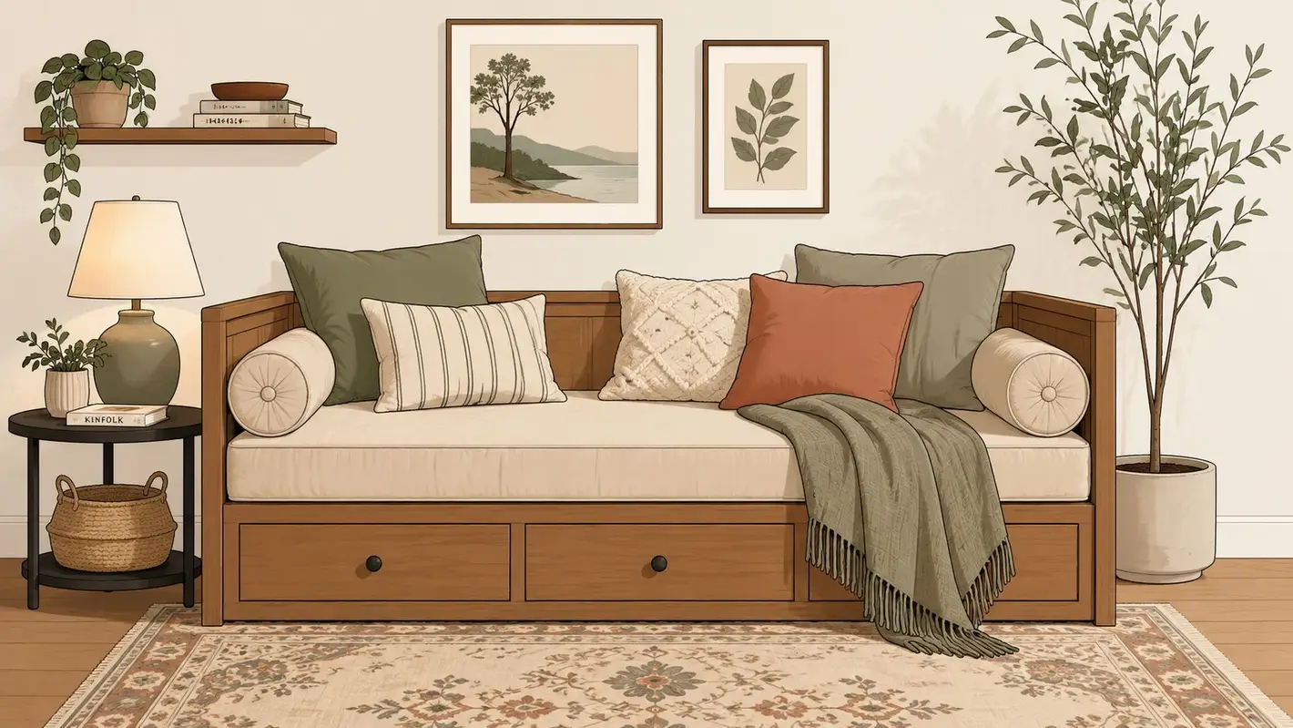 A cozy daybed with pillows and a throw blanket set against a neutral wall with framed art.