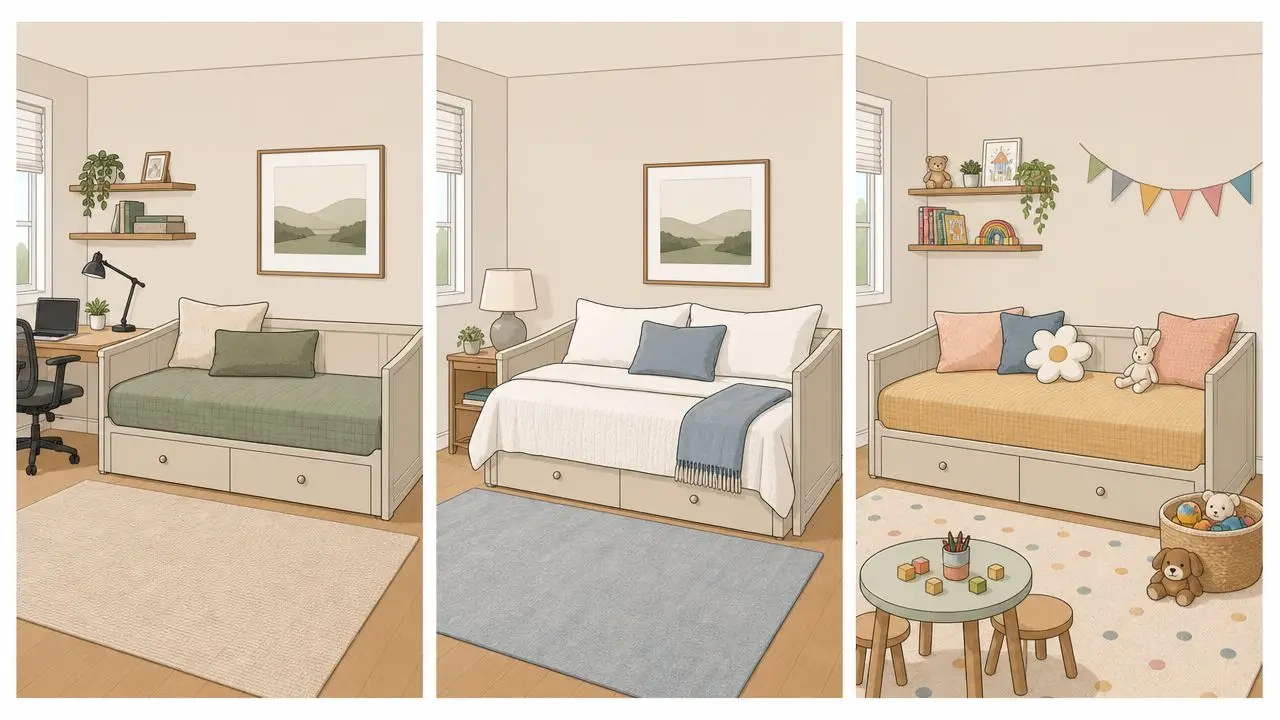 A digital illustration showing three different interior design style variations for a room featuring a daybed furniture piece.