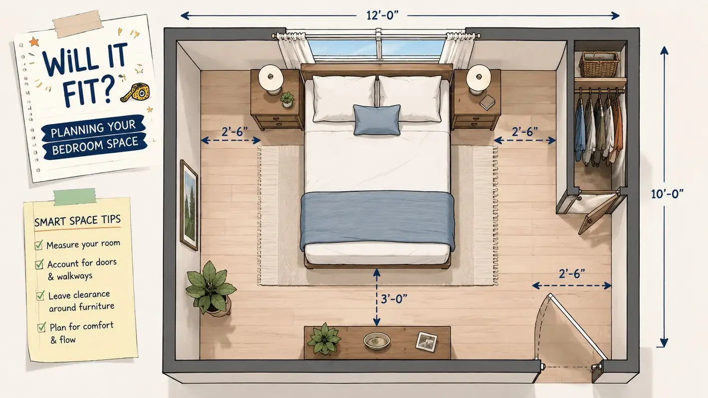 A top-down floor plan illustrating room measurements and furniture placement to help plan bedroom layouts.