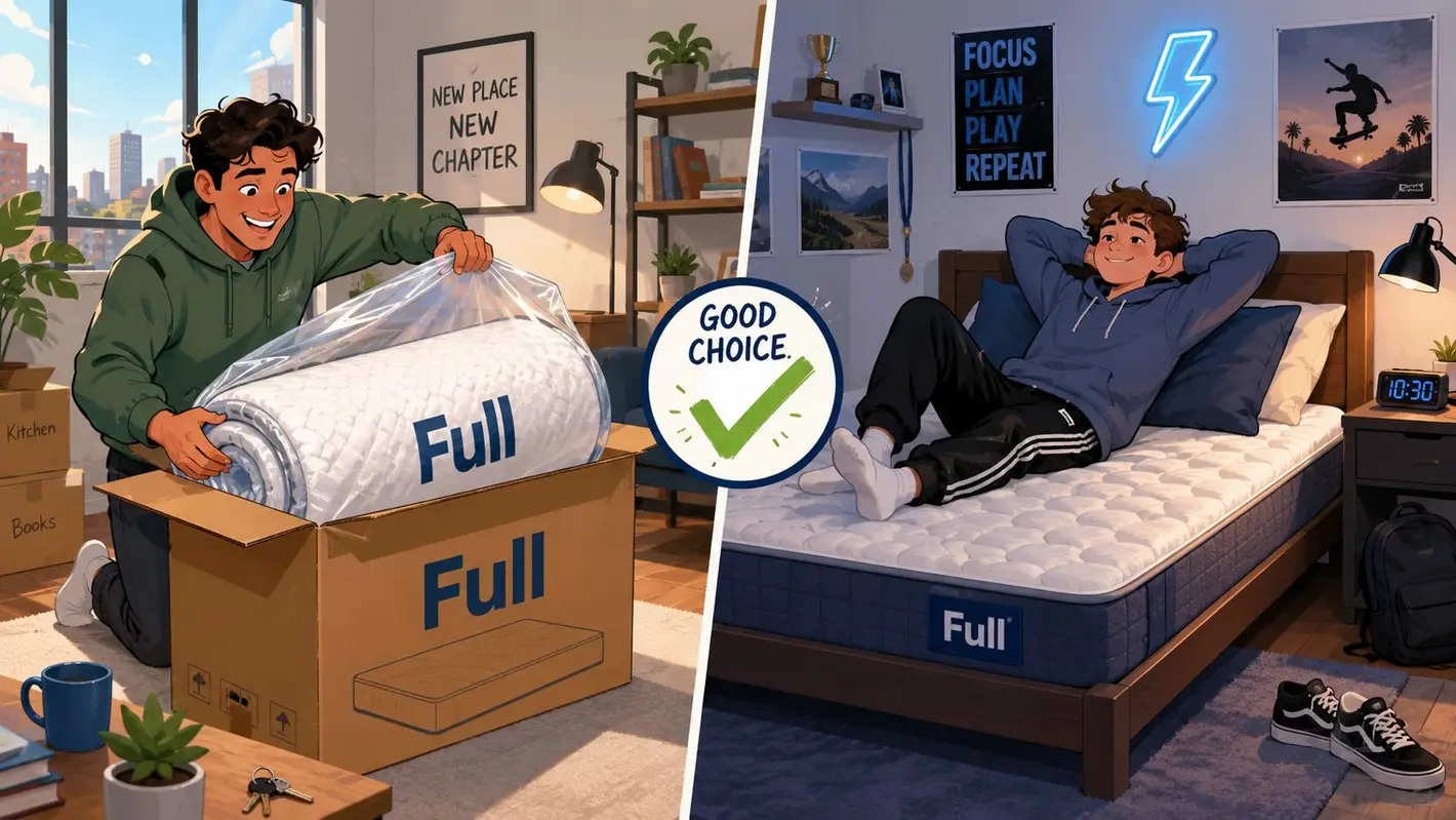 A split image showing a man unboxing a full mattress and resting comfortably on his new bed.