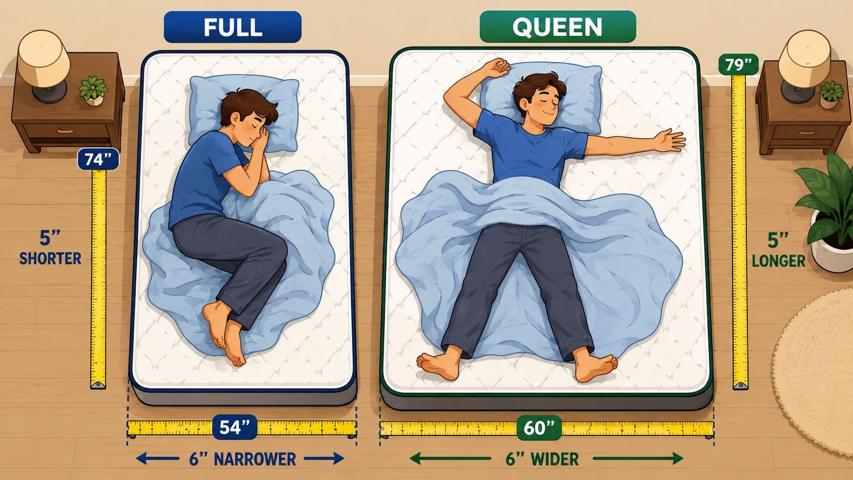 A comparison illustration showing the dimensions and size differences between a full and a queen mattress.