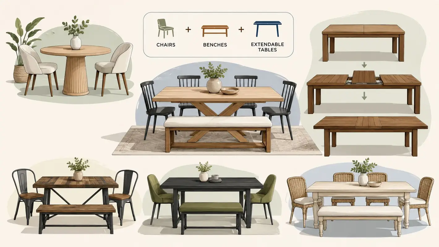 Various dining room sets featuring wooden tables, upholstered chairs, benches, and extendable designs for home dining spaces.