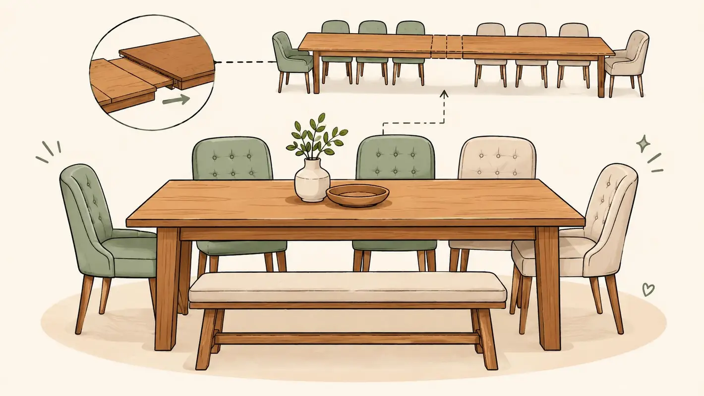 A wooden dining table with various chairs and a bench, showing an extendable design concept.