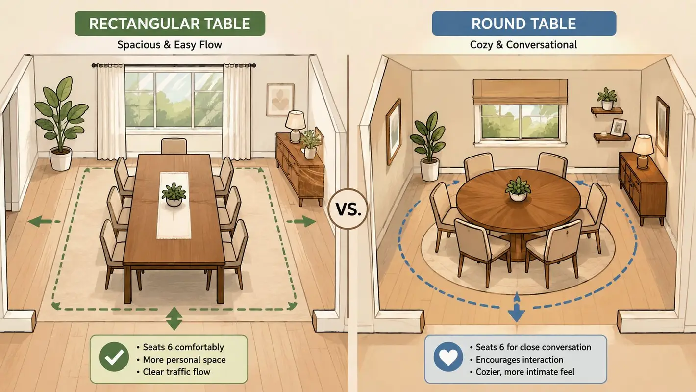 An illustration comparing a rectangular dining table for six versus a round table for six in home interiors.