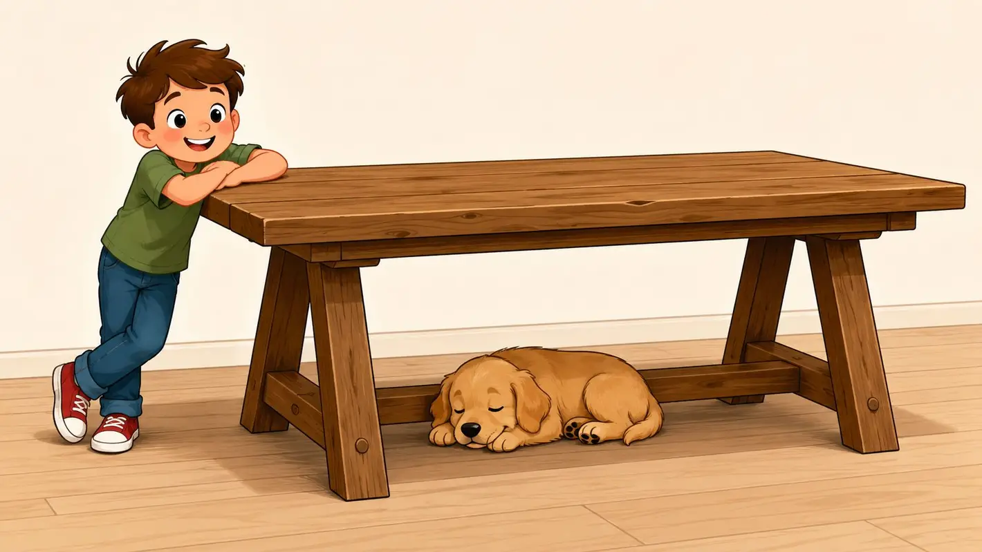 A happy young boy leans against a wooden trestle dining table while a golden retriever puppy sleeps underneath.