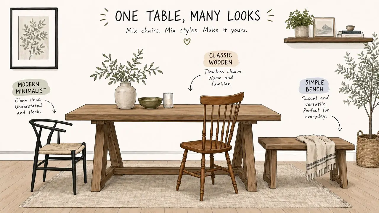 A dining room illustration showing one trestle table styled with a black chair, wooden chair, and bench.