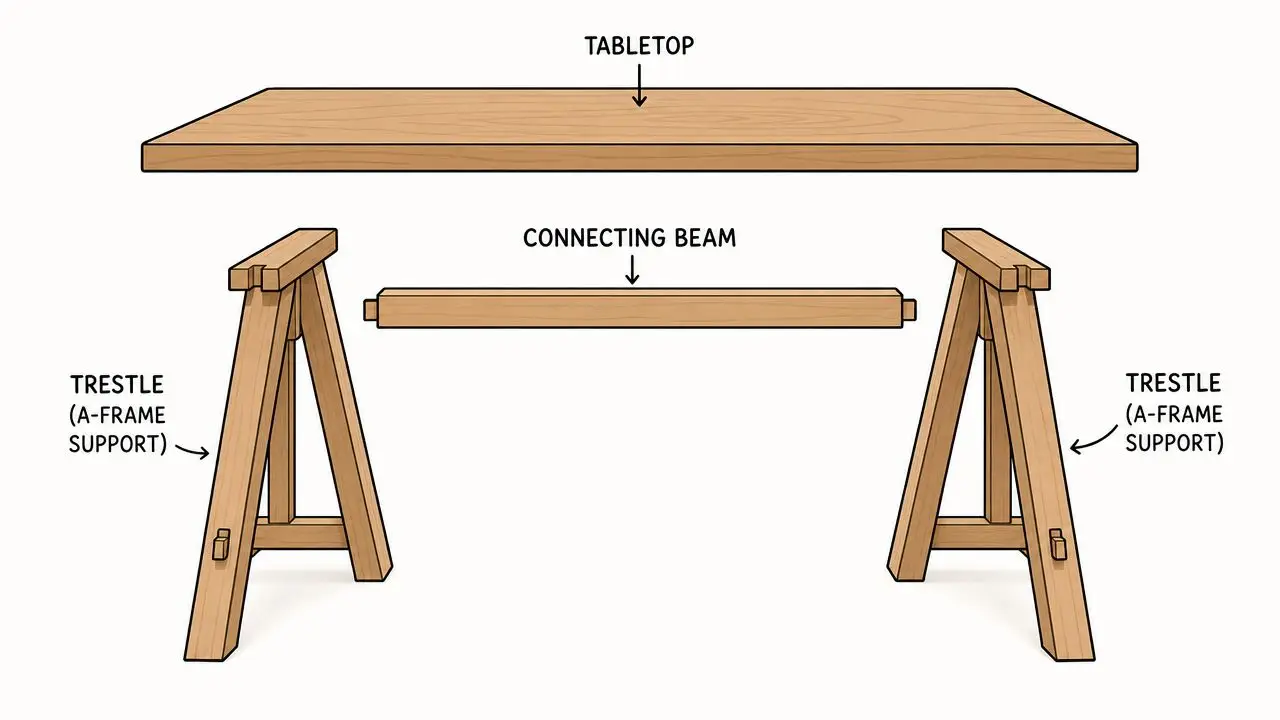 An exploded view of a wooden trestle dining table showing the tabletop, connecting beam, and two supports.