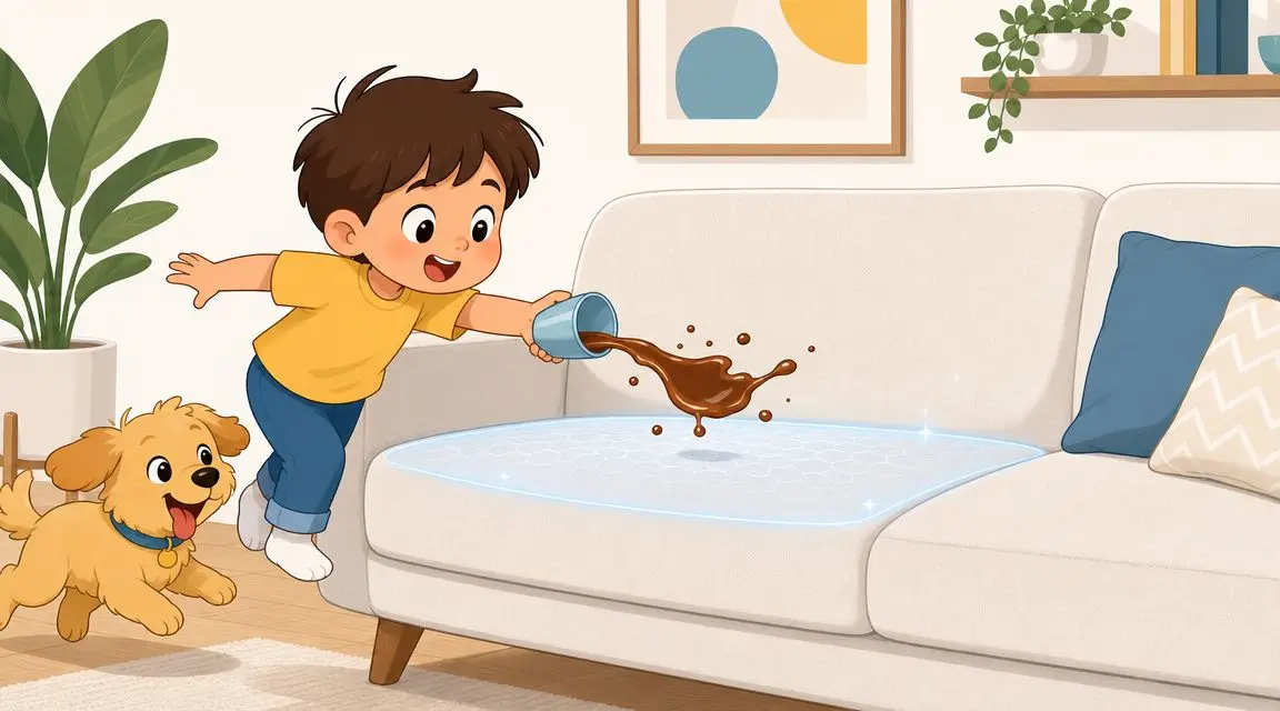 A happy child spilling a drink onto a stain-resistant sofa while a cute dog watches nearby.