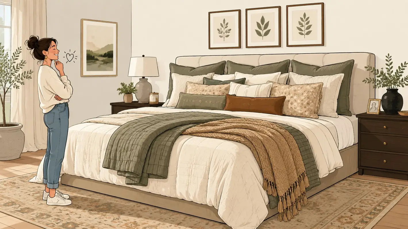A woman stands admiring a cozy bedroom with an extra large bedspread and earthy decorative accents.