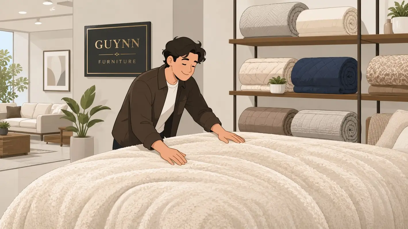 A man smiling while arranging a soft, extra large bedspread on a bed in a furniture store.