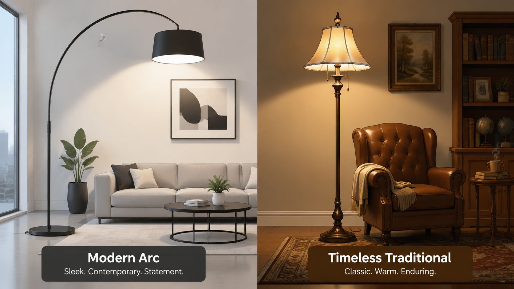 A split image comparing a minimalist modern arc floor lamp and a classic traditional antique floor lamp.