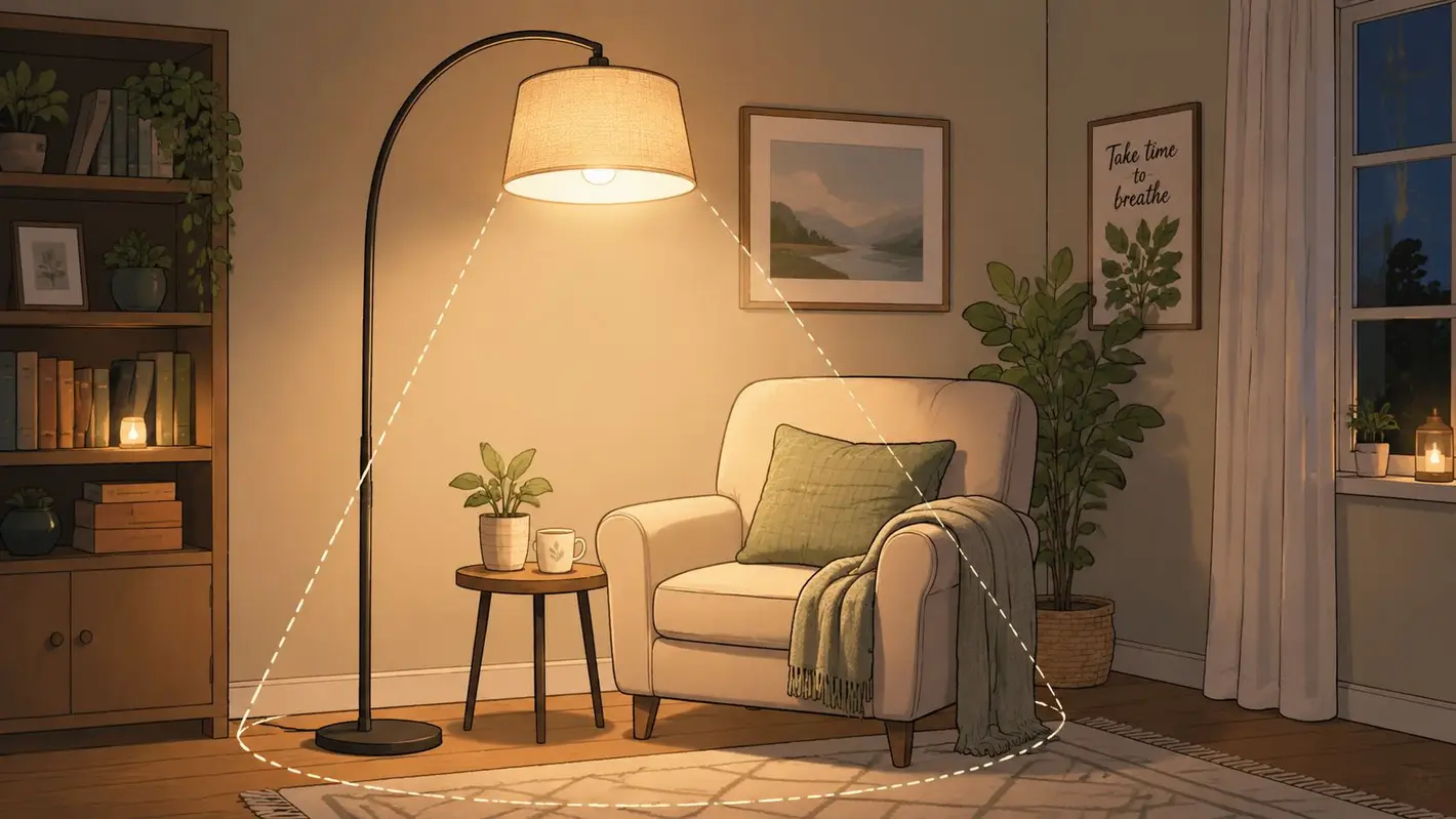 A cozy reading nook features an extra tall floor lamp illuminating a comfortable armchair and side table.