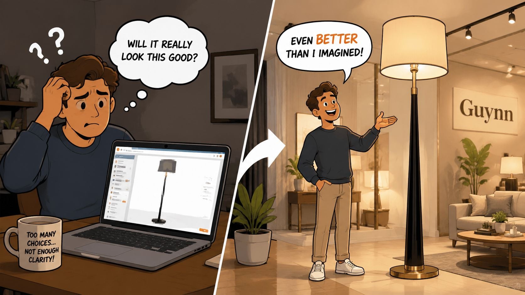 A split image shows a man shopping online for a lamp and later happy with his purchase.