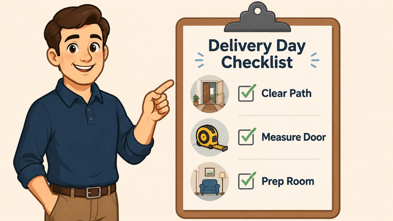 A friendly man pointing to a delivery day checklist clipboard featuring items to prepare for furniture arrival.