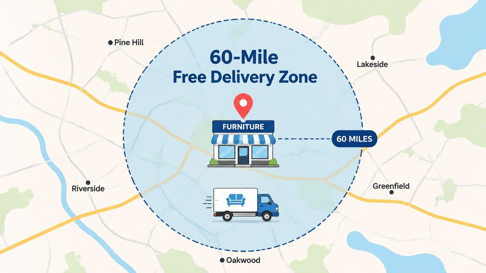 A map showing a store's 60-mile free furniture delivery zone with a truck illustration and locations.