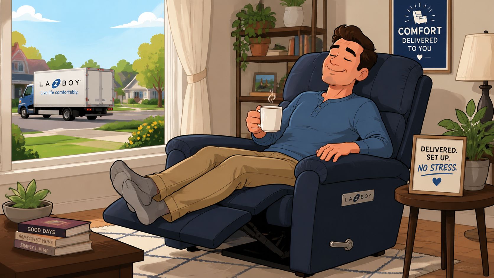 A happy man relaxing in a La-Z-Boy recliner chair while a delivery truck drives by outside.