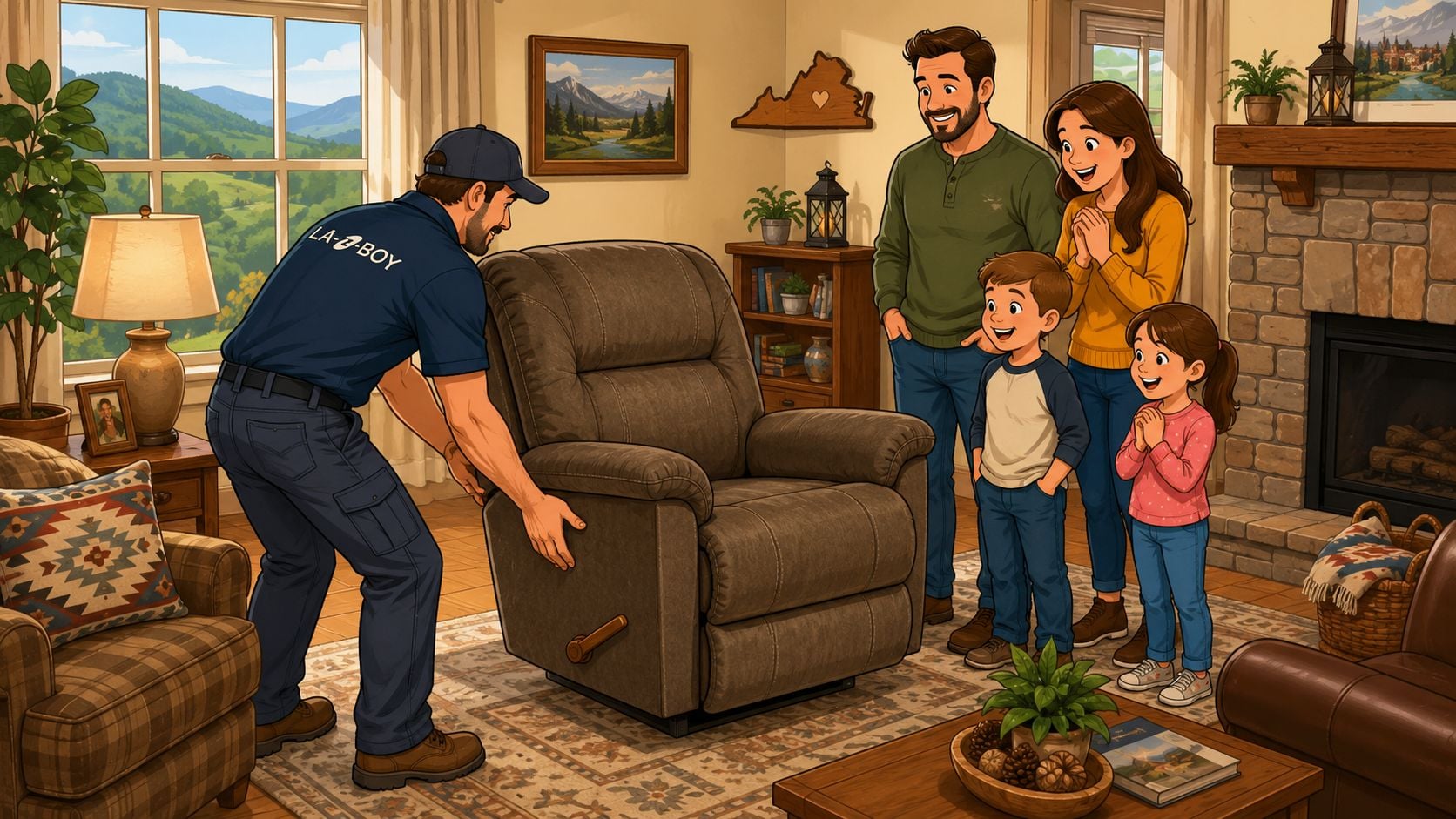 A La-Z-Boy delivery technician setting up a new brown recliner for a happy family in their home.