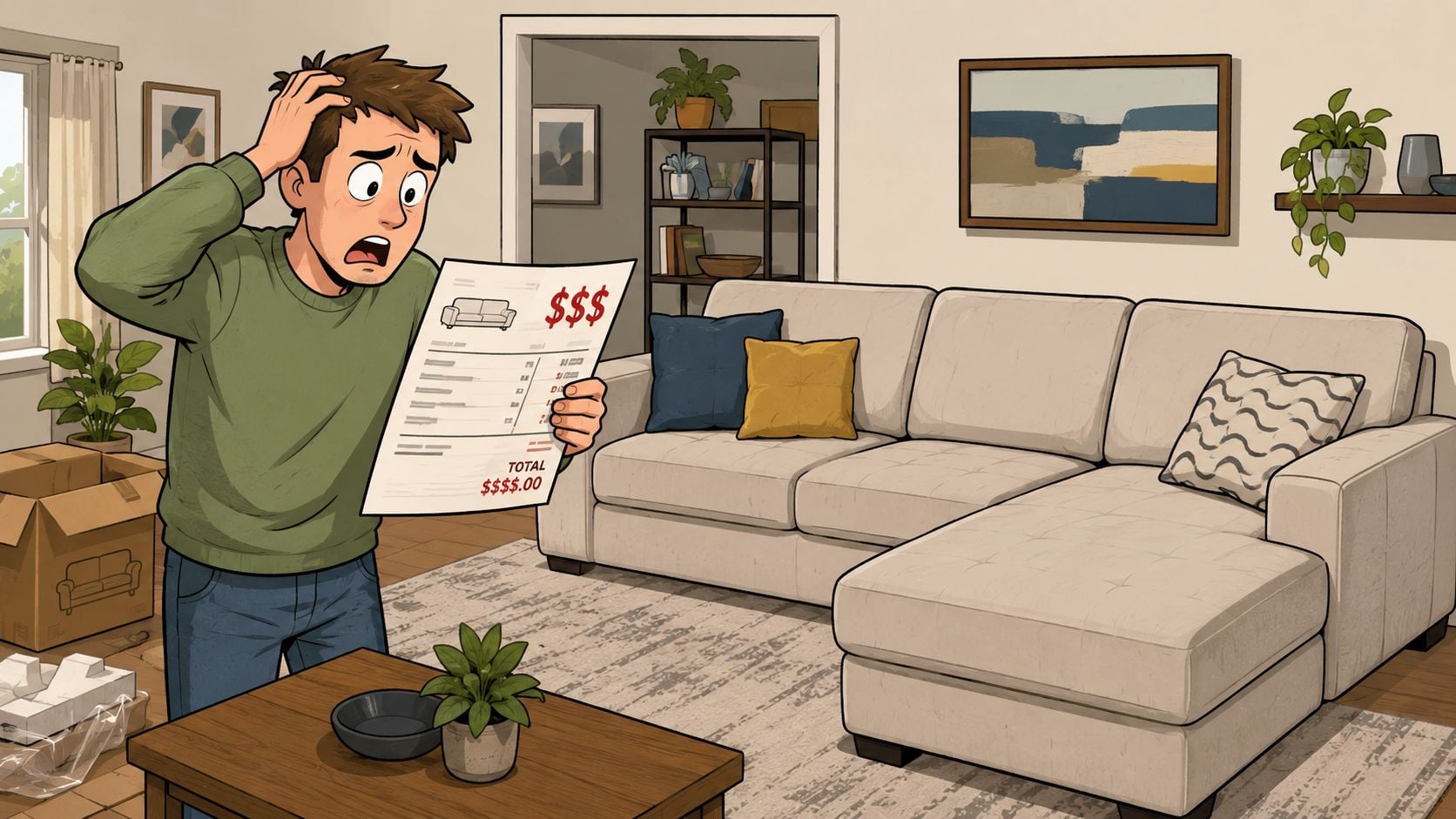 A shocked young man holding an expensive furniture delivery bill while standing in his modern living room.