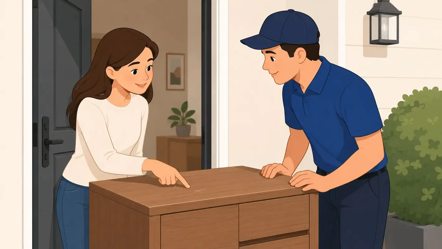 A woman points to a spot on a newly delivered wooden cabinet while the delivery person watches.
