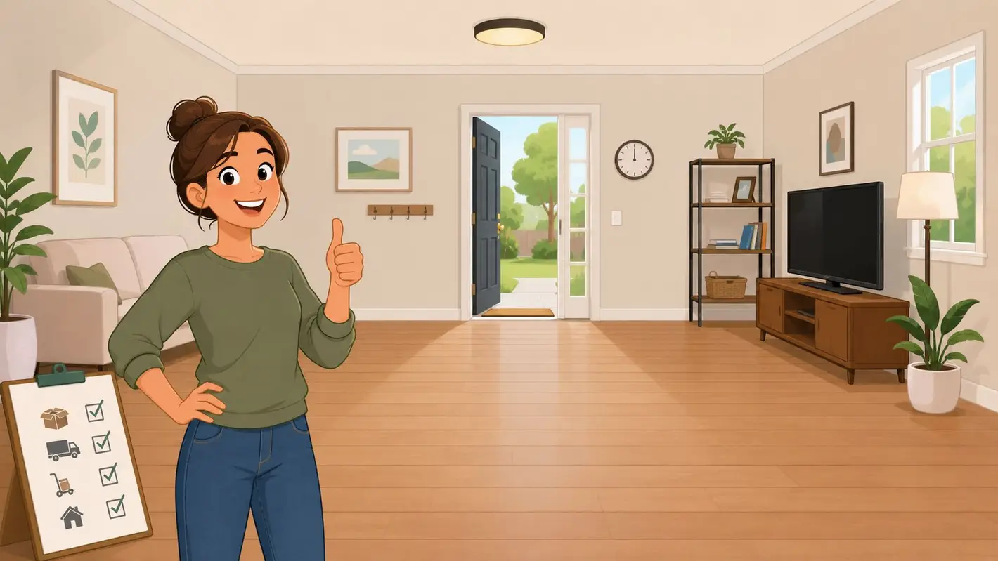 A happy woman giving a thumbs up in a modern living room after furniture delivery and assembly.