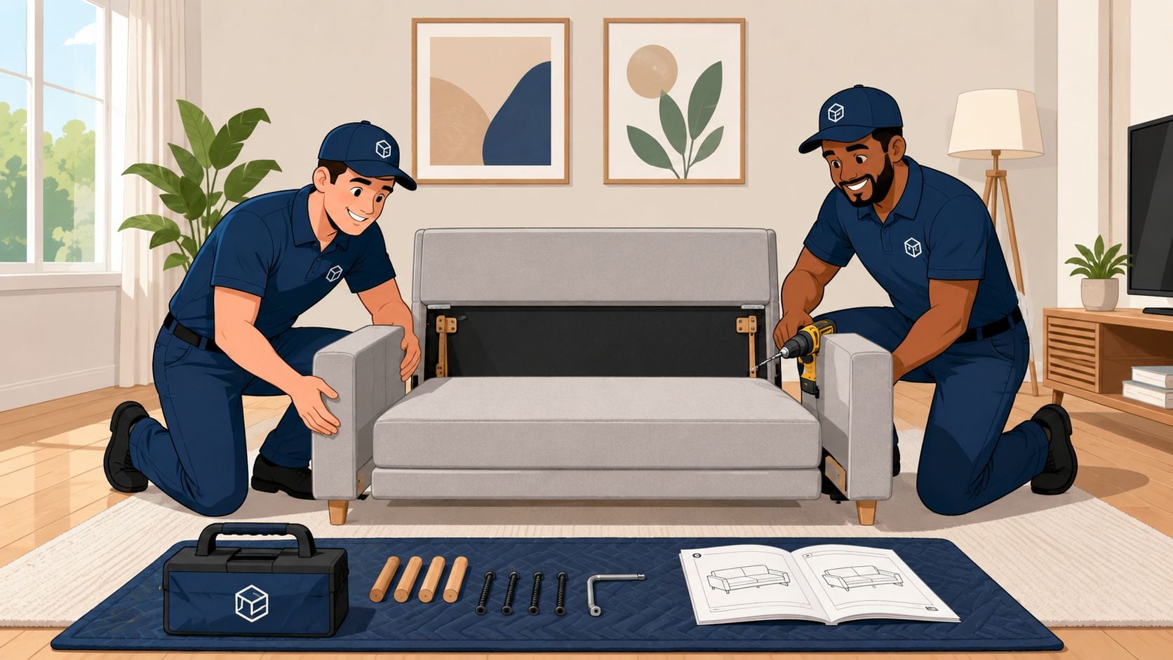 Two professional movers assembling a grey sofa together in a bright, modern living room interior.