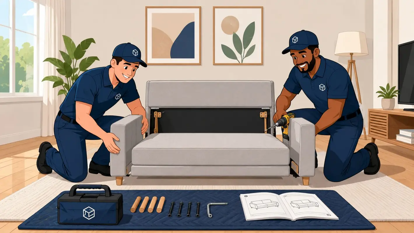 Two professional movers assembling a grey sofa together in a bright, modern living room interior.