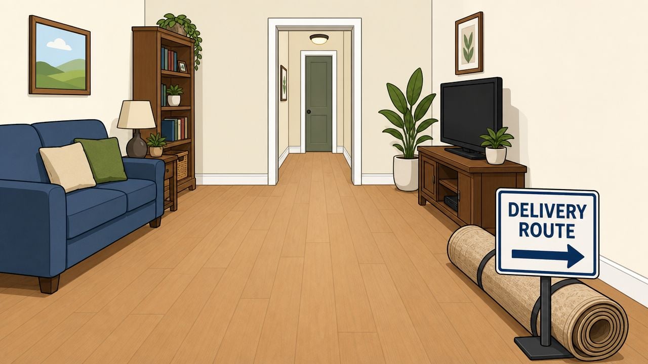 A modern living room featuring a blue sofa, wooden bookshelf, television, and a carpet delivery sign.