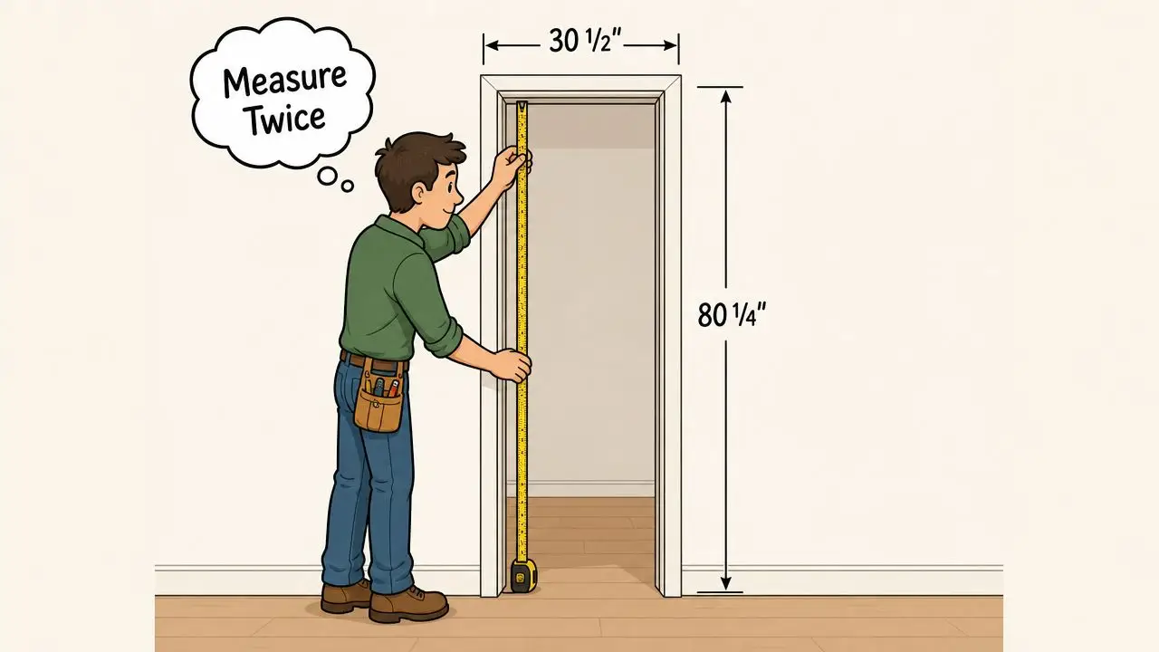 A carpenter measuring a narrow doorway with a yellow tape measure to determine the exact dimensions.