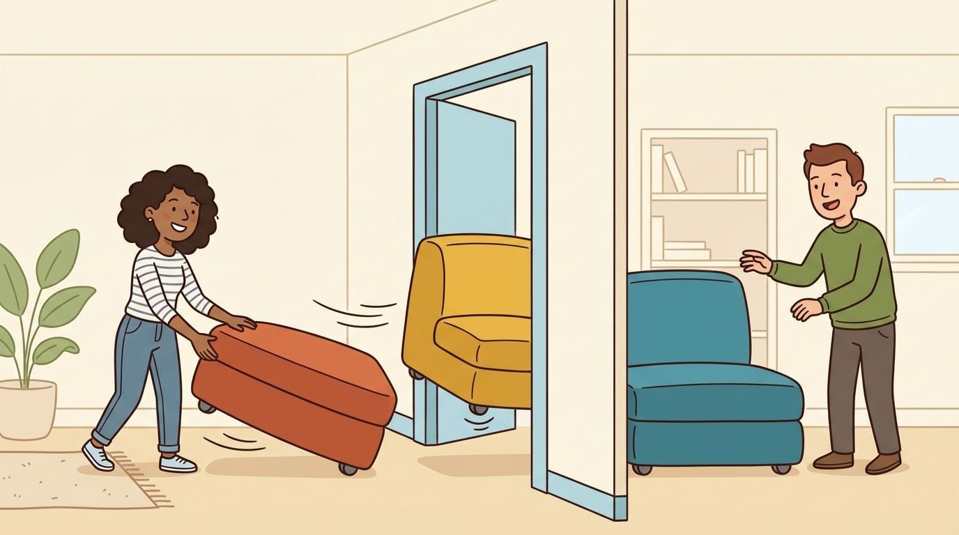 A couple moving furniture through a narrow doorway in their home living room.