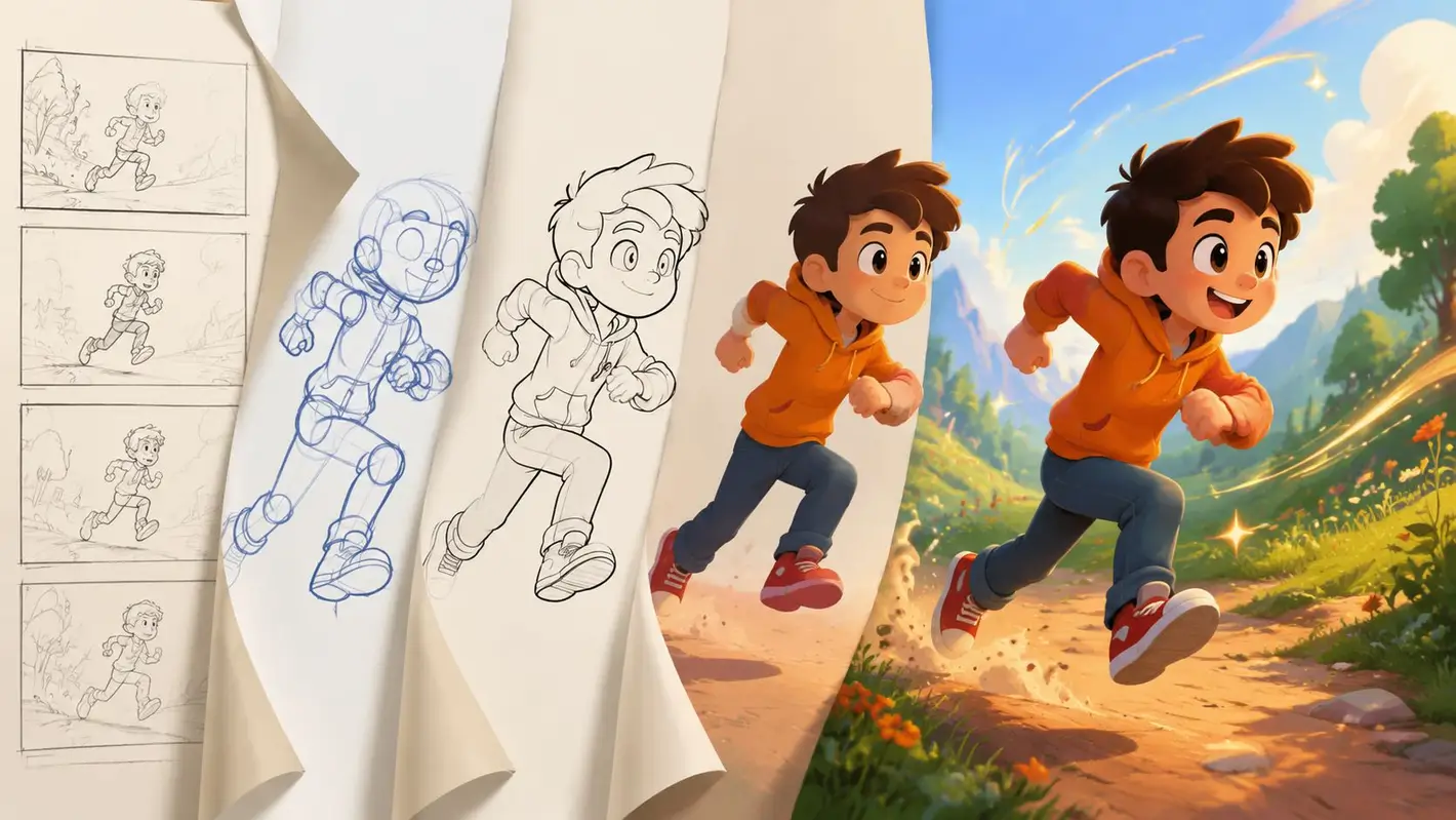 A digital illustration showing the creative development process of a cartoon boy running, from initial sketches to finished art.