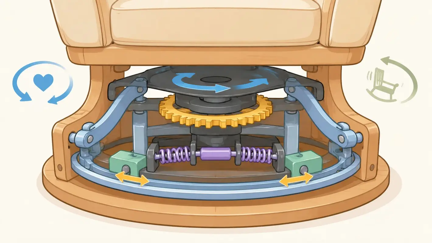 A diagram showing the mechanical base of a chair with swivel and gliding mechanisms.