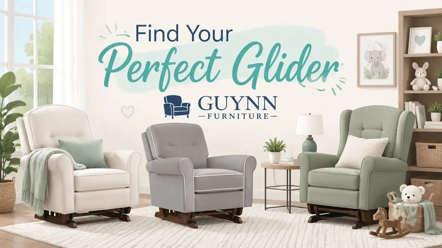 Three comfortable nursery glider chairs in cream, grey, and sage green displayed in a bright room.