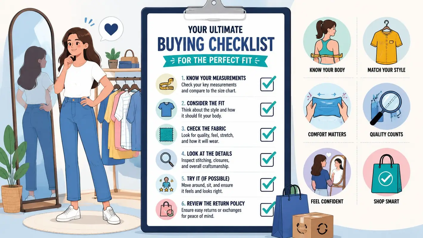 A helpful infographic showing a woman using a shopping checklist to find the perfect clothing fit.