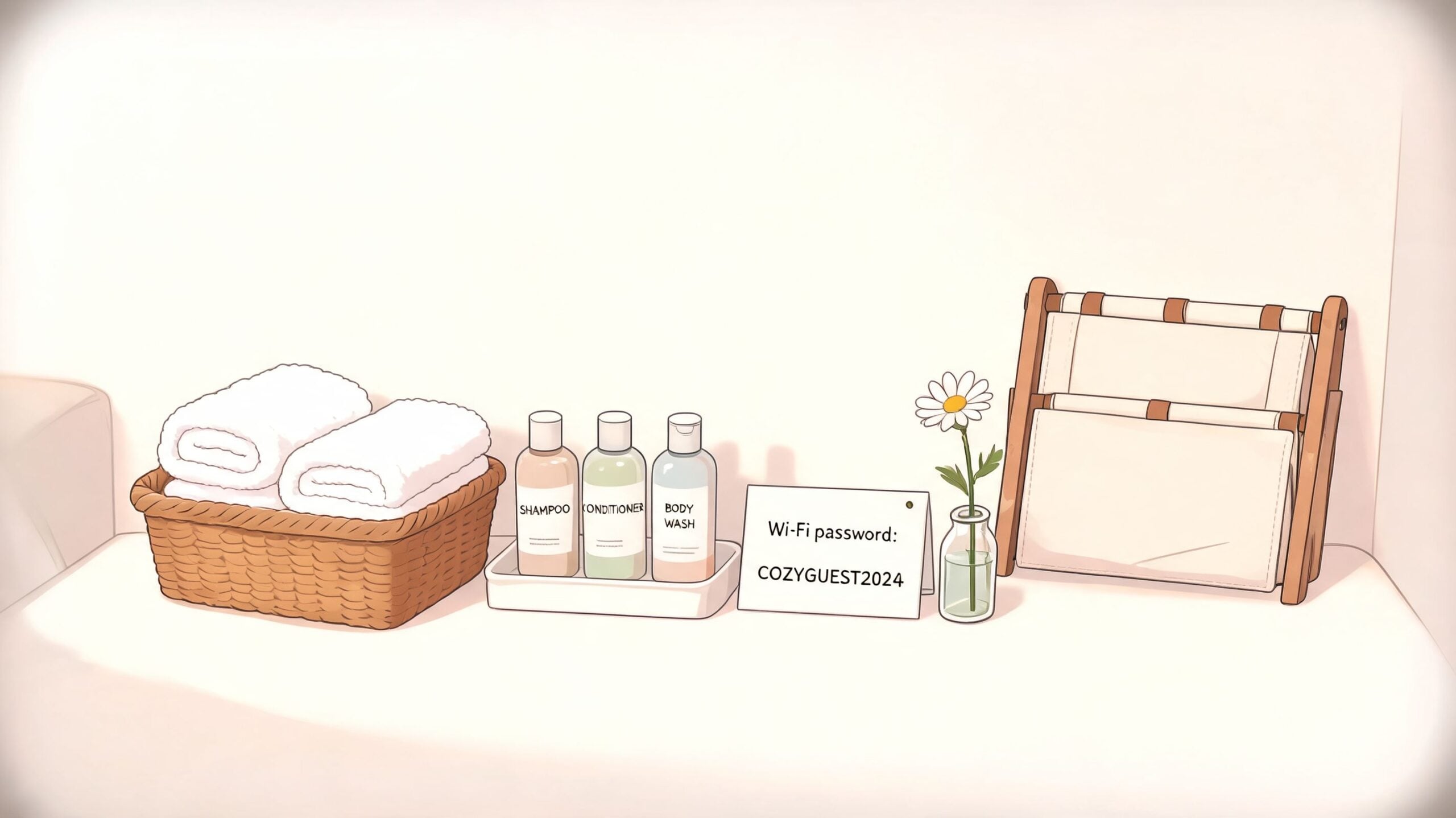 A cozy guest bedroom counter featuring white towels in a basket, toiletries, a flower, and Wi-Fi information.