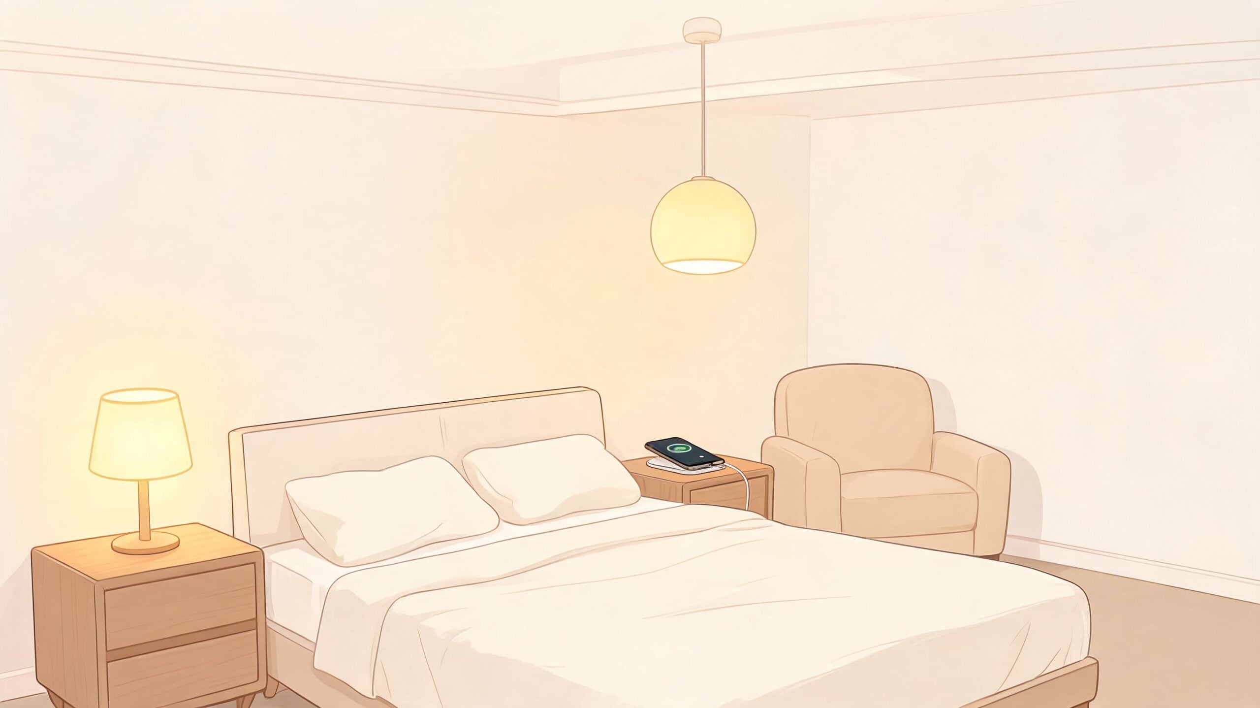 A cozy, minimalist hotel-style guest bedroom with a comfortable bed, warm lighting, and a charging station.