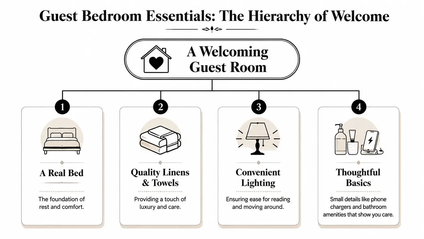 An infographic titled Guest Bedroom Essentials illustrating the four key elements for a welcoming guest room.