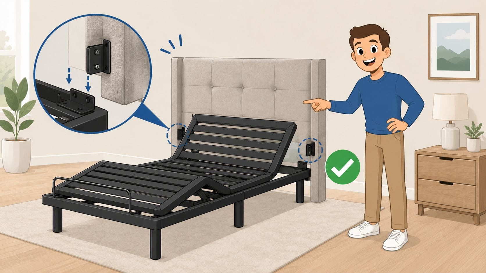 A cartoon man demonstrates how to attach an adjustable bed base to a upholstered headboard bracket.
