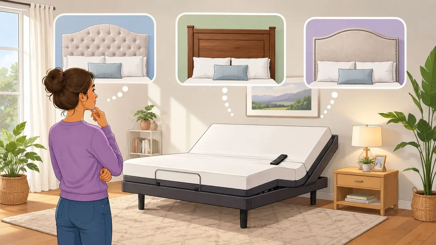 A woman stands in a bedroom looking at three different headboard options for her adjustable bed frame.