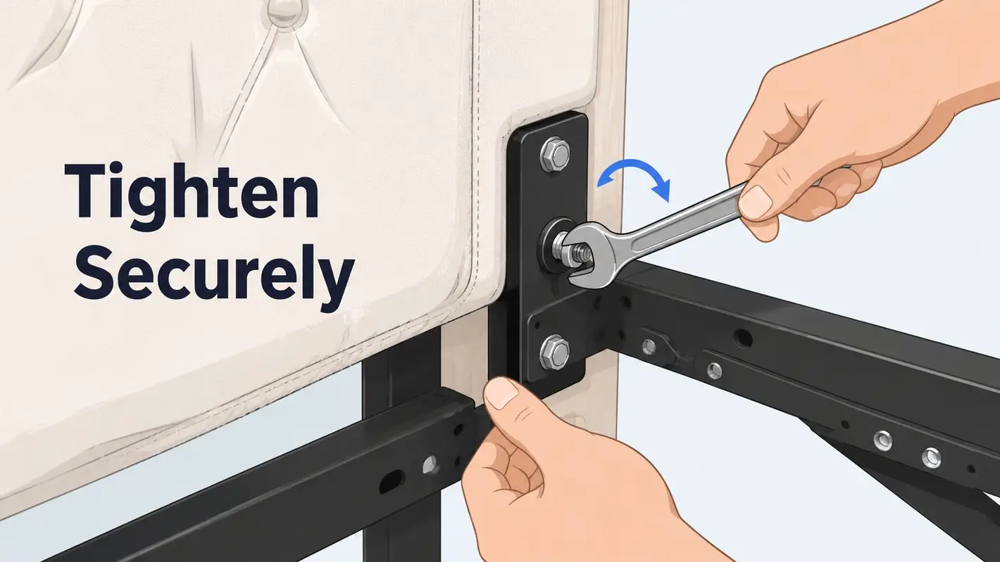 A close-up illustration showing hands tightening a bolt on a headboard bracket with a metal wrench.