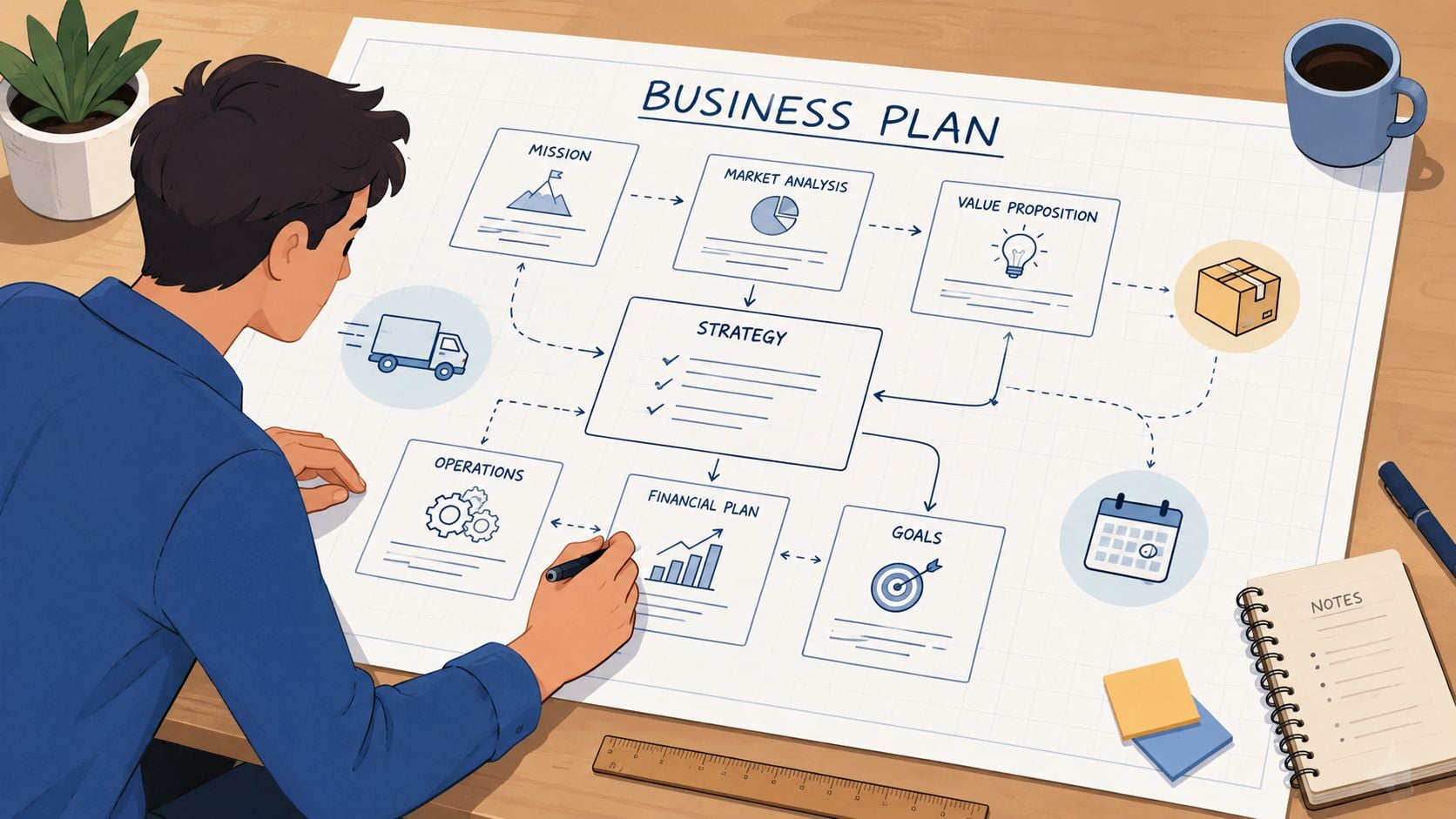 A person drawing a detailed business plan chart for a logistics startup on a large drafting paper.