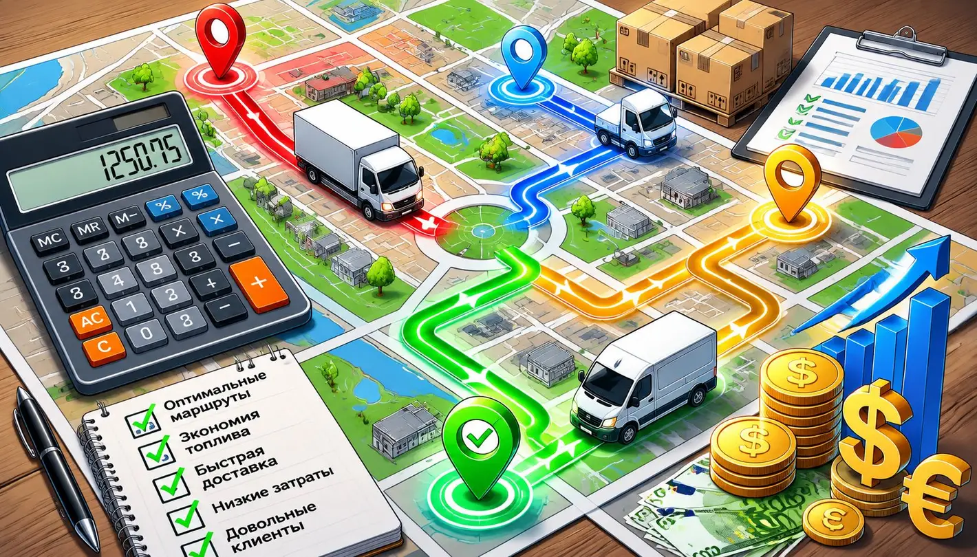 A map illustration showing delivery routes, trucks, financial symbols, a calculator, and a checklist for logistics planning.