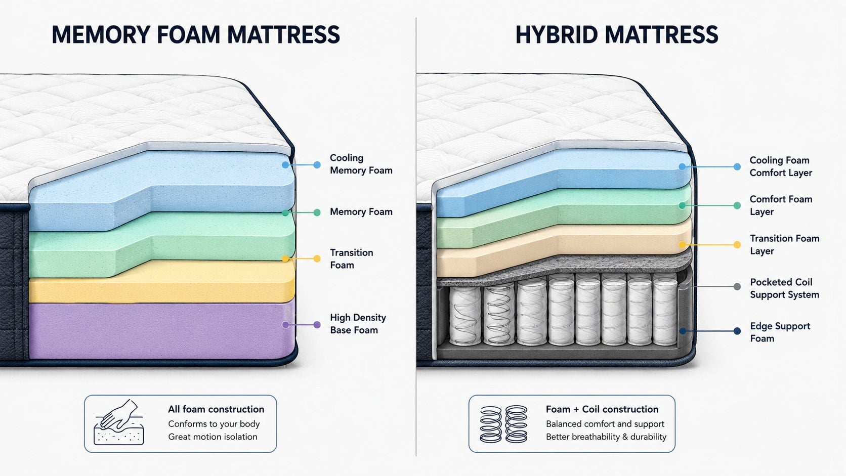 A diagram comparing the layered internal construction of a memory foam mattress versus a hybrid coil mattress.