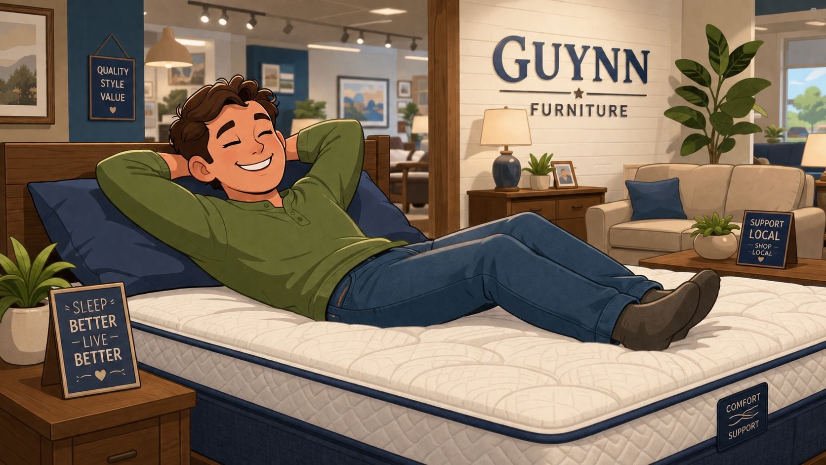 A happy man relaxing on a comfortable hybrid mattress at a local Guynn Furniture store showroom.
