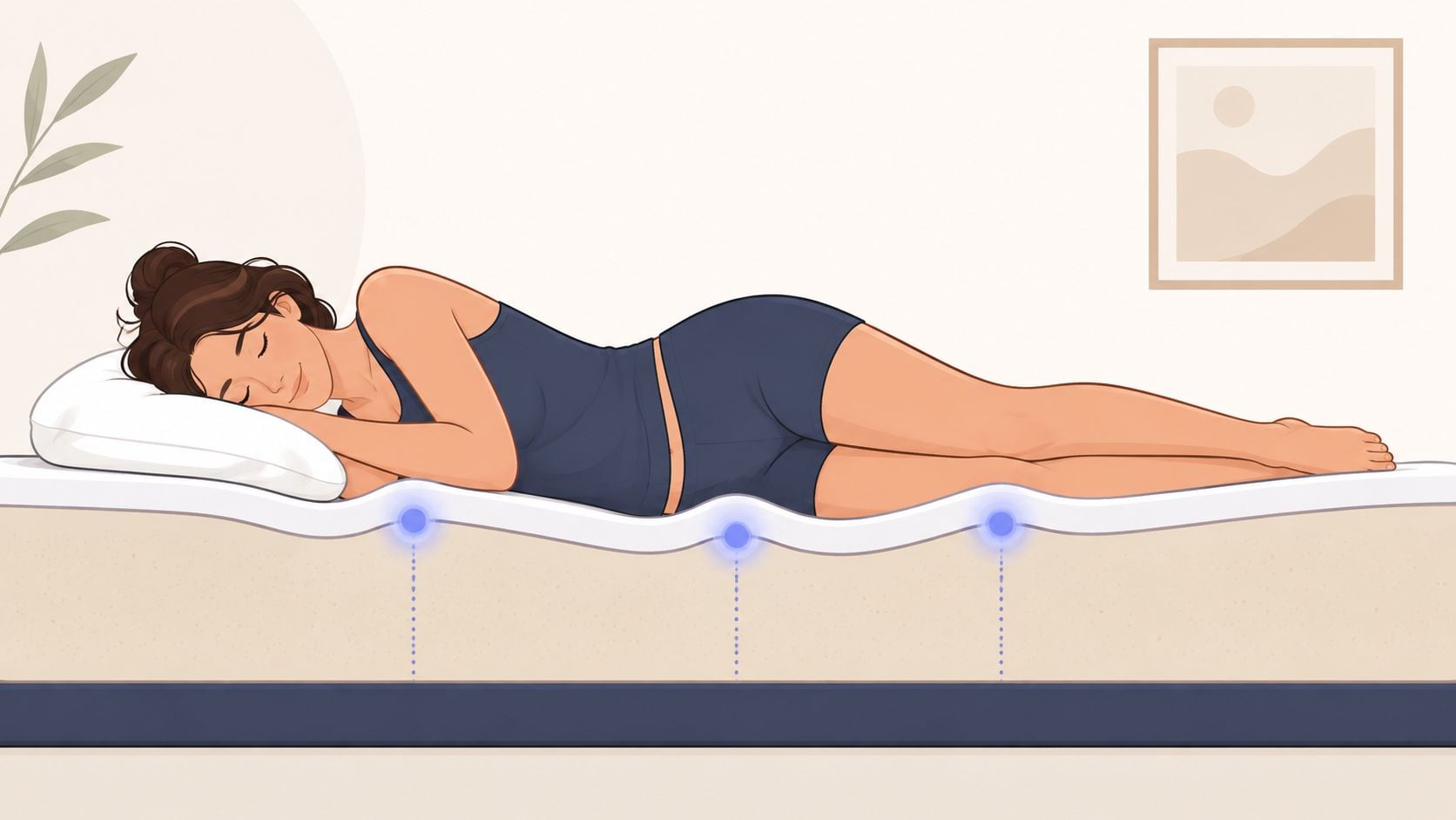 A woman sleeping comfortably on her side on a hybrid mattress with visible pressure relief zones.