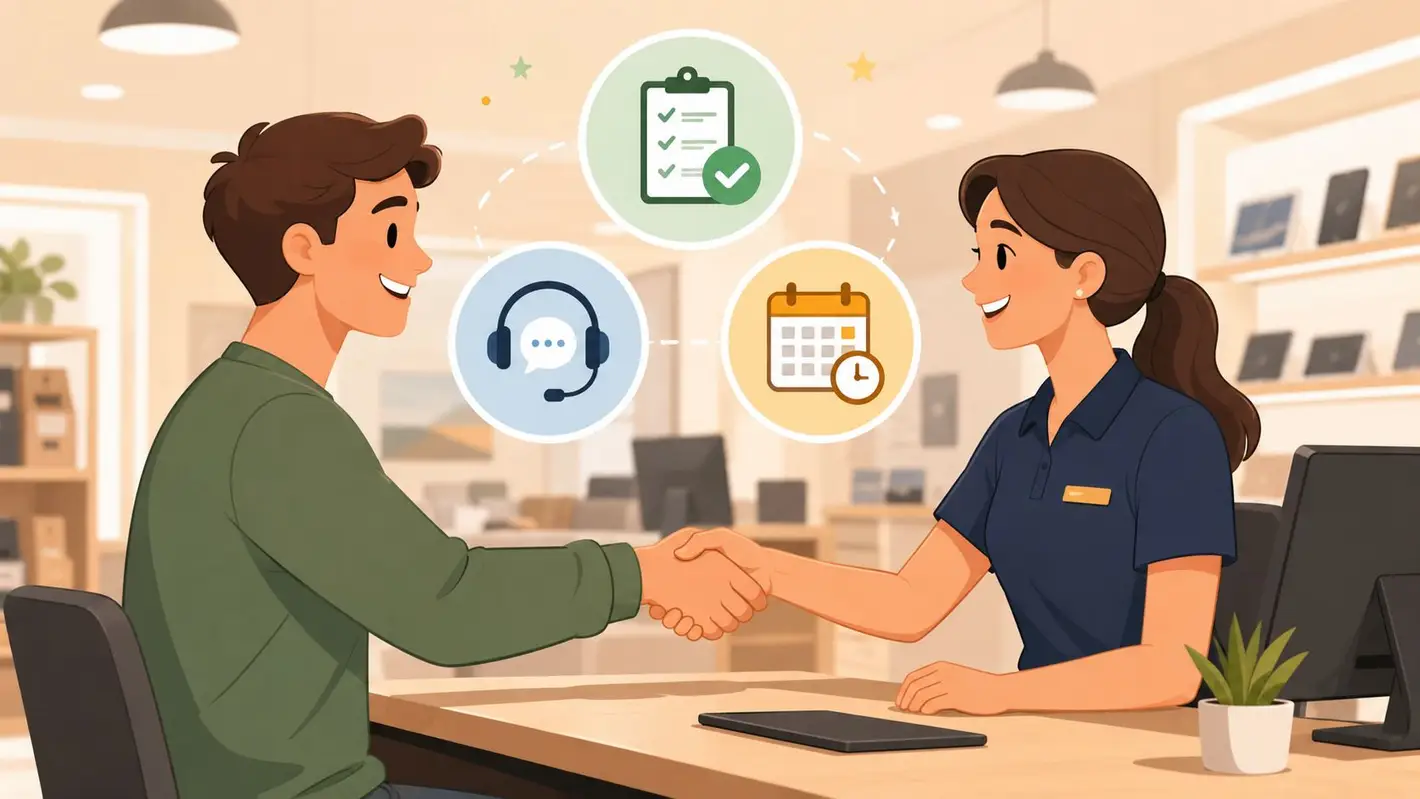 A professional man and a woman shaking hands at a desk with icons representing service planning
