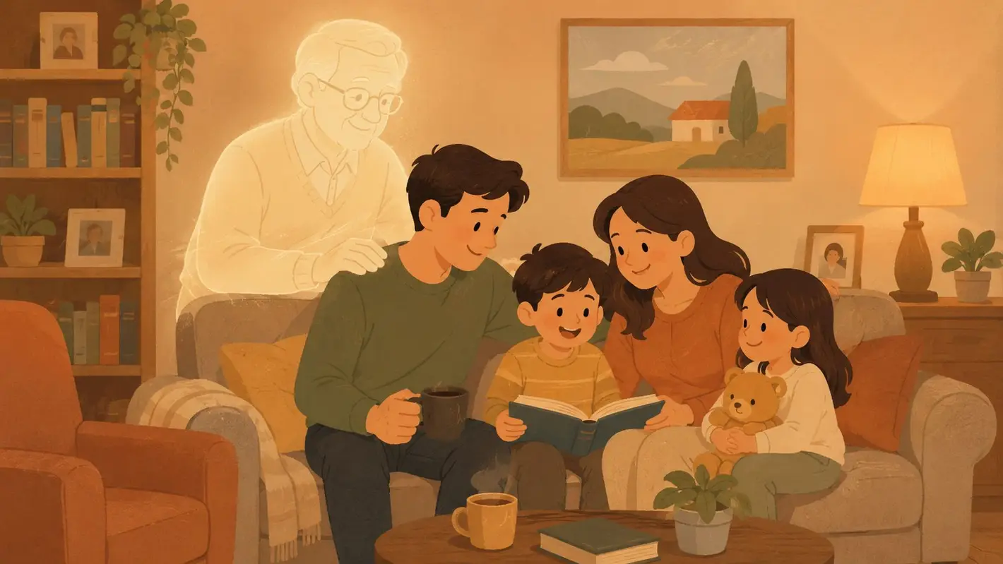 A warm, artistic illustration of a family reading a book together while a grandfather spirit watches over them.