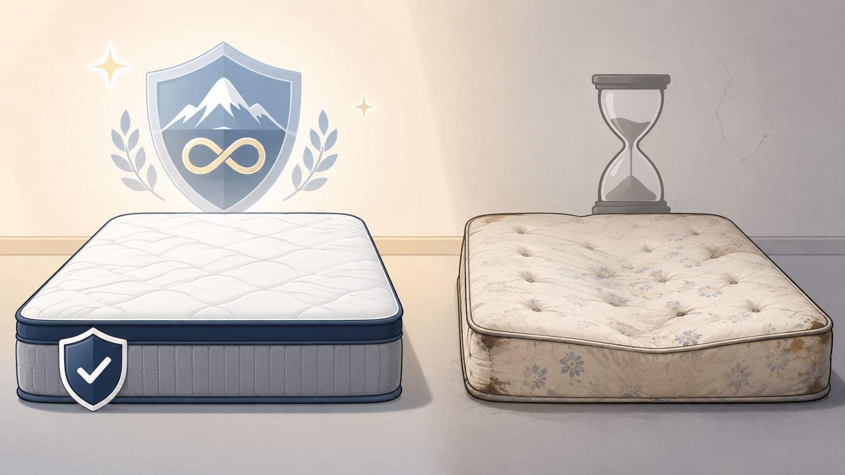 A clean, new mattress beside an old, worn-out mattress to show the benefits of mattress replacement.
