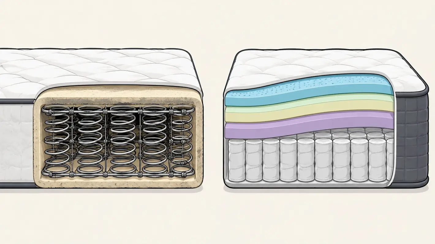 A side-by-side cross-section comparison of a traditional innerspring mattress versus a modern hybrid mattress design.